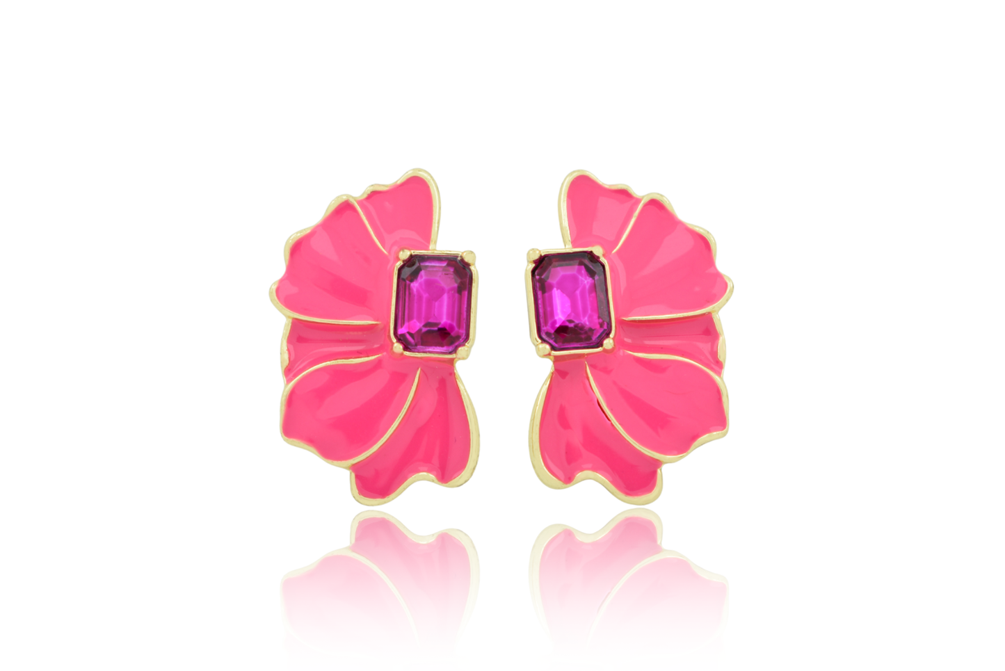 Pendientes media flor dorados fucsias